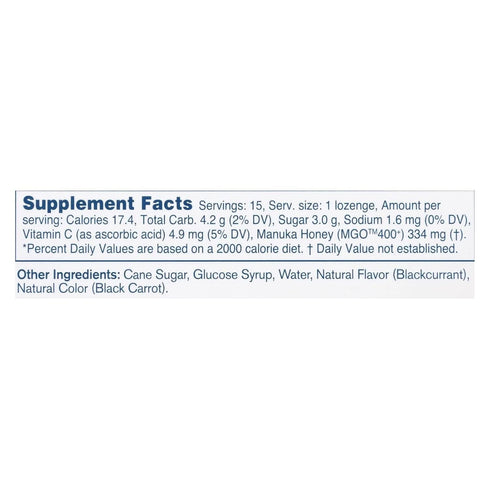 Manuka Health Manuka Honey Lozenges – 15 Blackcurrant Flavored Lozenges – Natural Throat Lozenges Infused with Raw Manuka Honey and Vitamin C for ...
