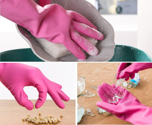 (2 Pairs Reusable Waterproof Household Dishwashing Non-Slip Cleaning Latex Rubber Kitchen Gloves (Pink, XX-Large)...
