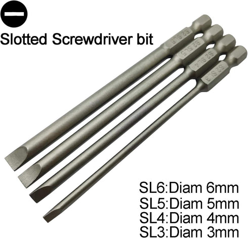 Long Slotted Head and Cross Phillips Screwdriver Bit Sets with 1/4 Inch Hex Shank 4 inch Lenght 4pcs Slotted Head and 6pcs Philips Cross Head Scre...