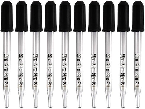 10 Pcs 1ml Straight Tip Droppers Glass Eye Droppers Liquid Measuring Droppers Lab Dropping Pipettes Essential Oil Droppers with Black Rubber Head...
