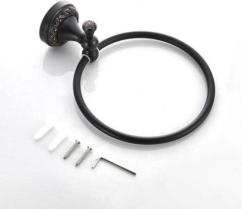 Oil Rubble Bronze Brass Bath Towel Ring, Wall Mounted Black Bathroom Hardware Accessories, Pattern Carving Design...