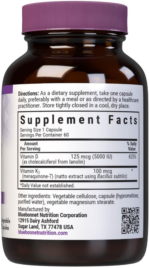 Bluebonnet Nutrition Vitamin D3 & K2, Soy-Free, for Strong-Healthy Bones*, Gluten-Free, Non-GMO, Dairy-Free, Kosher Certified, Vegetarian, 60 Vege...