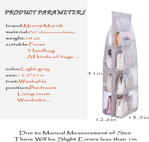 MURRI&MURRDI 1 Pack Hanging Handbag Organizer for Closet, Purse Storage Holder with 8 Easy Access Clear PVC Pockets, Purse Hanger for Wardrobe Spa...