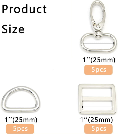 15Pcs Metal Swivel Snaps Hooks with D Rings and Tri-Glides Slide Buckles for Key Lanyard Purse Bag Straps Dog Collars DIY Sewing Hardware Craft (1...