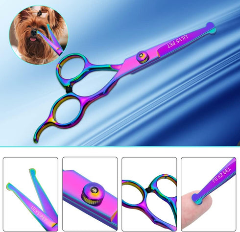 Safety Round-tip Scissors Set Professional PET Dog Grooming Coated Titanium Scissors Suit Cutting&Curved&Thinning Shears (Rainbow)...