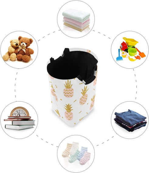 senya Pink Pineapple with Gold Glitter Large Storage Basket with Handles Collapsible Organizer Bin Laundry Hamper for Nursery Clothes Toys...