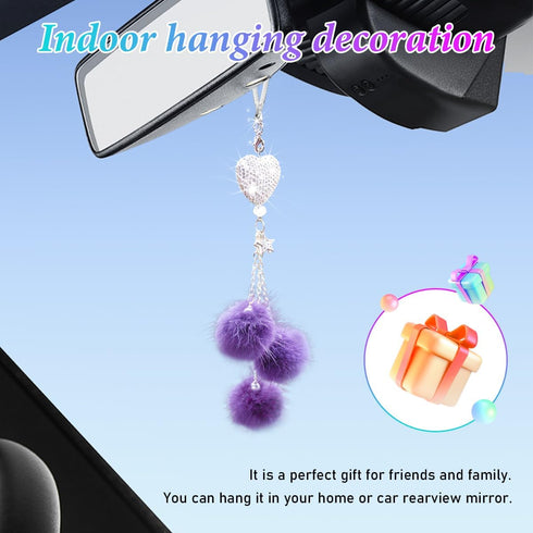 Bling Heart Diamond Car Hanging Accessories, Bling Love Heart and Cute Plush Balls, Crystal Car Rear View Mirror Charms for Women, Lucky Hanging P...