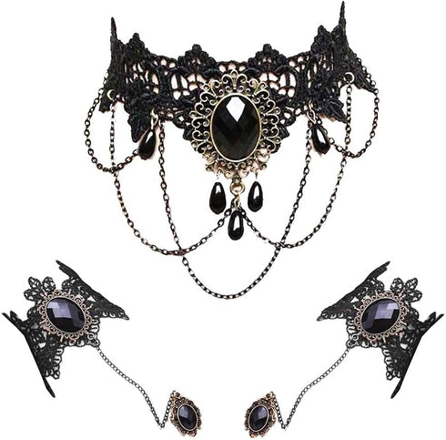 Lace Choker Necklace with Bracelet Set Punk Party Gothic Vintage Handmade Retro Victorian Vampire Punk Pendant Necklace Bracelet Wristband for Wom...