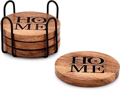 Coaster Iron & Acacia Wood Coasters for Drinks with Iron Holder Stand for Countertop and Surfaces from Water Marks or Damage (4" x 4" x 0.5")...