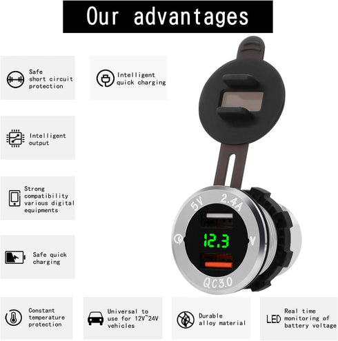 Upgraded Aluminum Alloy Quick Charge 3.0 USB Car Charger Socket & 2.4A USB Port IP66 Waterproof Dual USB Power Outlet with Voltmeter for Car Boat ...