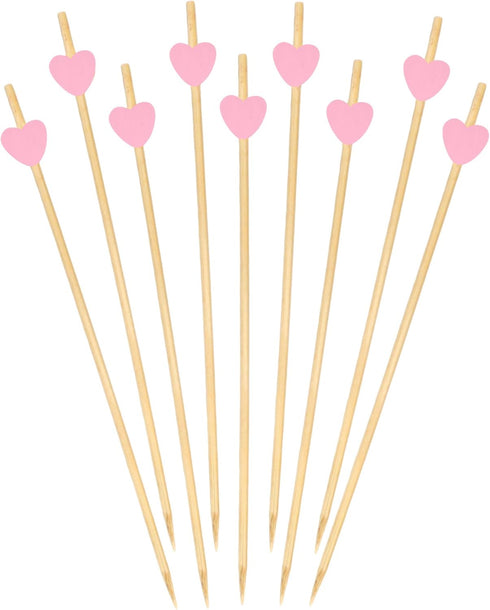 BambooMN 7.1 Inch Pink Heart Bamboo Food and Drink Pick Skewers for Catered Events, Holiday's, Restaurants or Buffets Party Supplies, 100 Pieces...