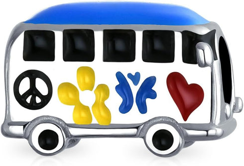 Inspirational Symbol Of World Round Peace Sign Retro 1960s Peace Love Hippie Volk Wagon Van Bus Dangle Charm Bead For Women Teen Two Tone Gold Pla...