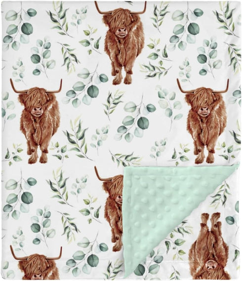 Highland Cow Eucalyptus Leaf Minky Baby Blanket Dotted Backing Boy Girl Gift, Western Farm Animal Yak Double Layer Flannel Nursery Bed Blankets, S...