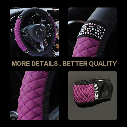 Bling Leather Steering Wheel Cover,15 Inch Soft Leather Car Wheel Cover with Colorful Crystal Diamond,Universal Non-Slip Auto Elastic Steering Whe...