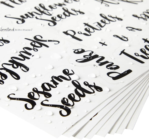 Talented Kitchen 135 Pantry & Kitchen Labels for Food Containers - Preprinted Black Cursive on Clear Backing - Easy Peel & Stick (Water Resistant)...