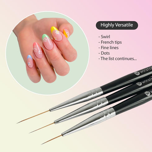 Winstonia Striping Nail Art Brushes for Long Lines, Details, Fine Designs. 3 pcs Striper Brushes with Caps - AMAZING TRIO...
