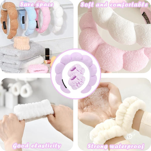 Spa Headbands for Washing Face Wristband Set Sponge Makeup Skincare Headband Wrist Towels Bubble Soft Terry Towel Cloth Hairband for Women Puffy H...