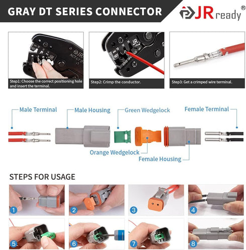JRready ST6327-4 Deutsch 4 Pin DT Connector Kit, Gray Waterproof DT Connector 4 Pin(5 Pairs), Size 16 Stamped Contacts for Truck, Motorcycle, Off-...