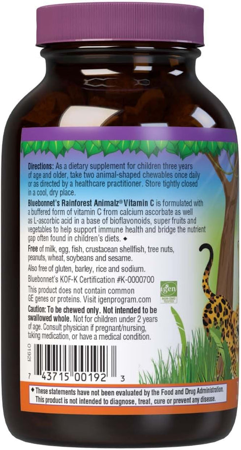 Bluebonnet Nutrition Rainforest Animalz Vitamin C Animal Shape Chewable Tablets, 250mg of Vitamin C, Soy-Free, Gluten-Free, Kosher Certified, Dair...