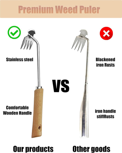 Weed Puller Tool, Weeding Artifact Uprooting Weeding Tool, 4-Tine Stainless Steel Head Hand Multi Function Garden Weeder Remover Tool Easily Remov...