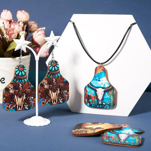 Wood Earring Making Kit 32Pcs Cattle Head Sunflower Flower Printed Wood Pendants Vintage Western Wood Charms with 80Pcs Earring Hooks 80Pcs Jump R...