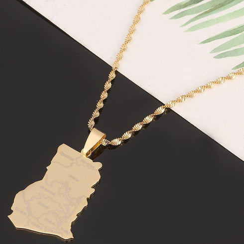Stainless Steel Gold Color Ghana Map Pendant Necklaces Ghanaian Jewelry...