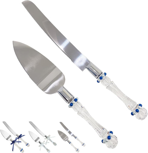 FISHBONE Stainless Steel Wedding Cake Knife and Server Set with Delicated Nautical Blue Rings Design - Perfect Cake Cutting Set for Weddings and S...