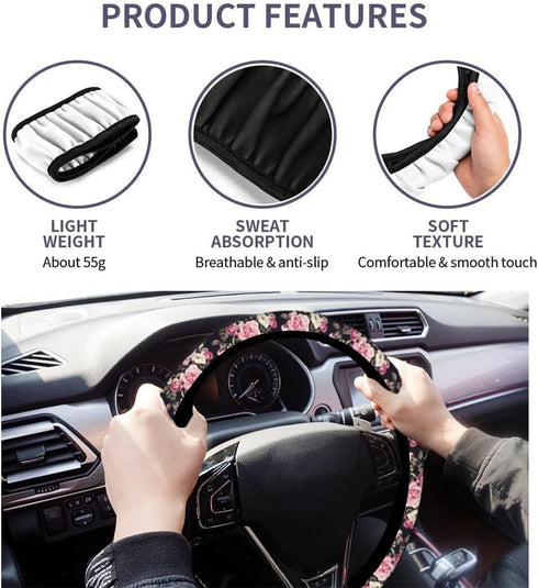 Swono Roses Car Steering Wheel Cover,Watercolor Floral Rose Peony Safe Driving Anti-Slip Steering Wheel Covers Steering Wheel Protection Case No S...