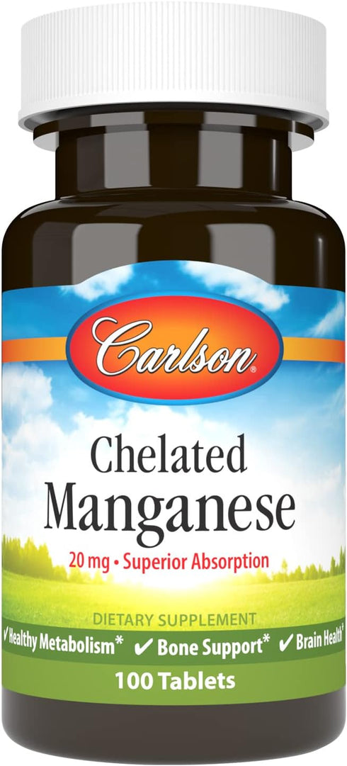Carlson - Chelated Manganese, 20 mg, Superior Absorption, Healthy Metabolism, Bone Support & Brain Health, 100 Tablets...