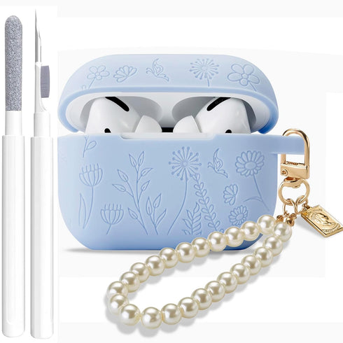 Flower Engraved Case for Airpods Pro 2nd/1st Generation Case Cover with Cleaner Kit, Silicone Skin Airpod Pro Protective Case with Luxury Pearl Ke...