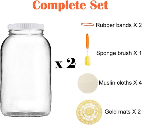 Artcome 1-Gallon Glass Jar Wide Mouth with 2 Airtight Plastic Lids, 4 Muslin Cloths, 2 Rubber Bands, 2 Gold Mats and a Brush for Kombucha, Ferment...