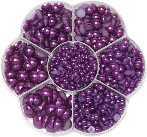 Chenkou Craft Around 1900pcs Violet Assorted 7 Sizes Immitation Half Pearl Bead Flat Back Gem Scrapbook Craft DIY Loose Beads + Plastic Box (Viole...