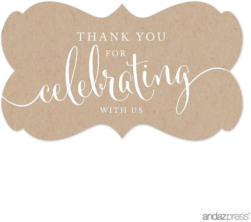 Andaz Press Fancy Frame Rectangular Label Stickers, Thank You for Celebrating with Us, Kraft Print, 36-Pack Wedding Decorations, Wedding Favors, S...