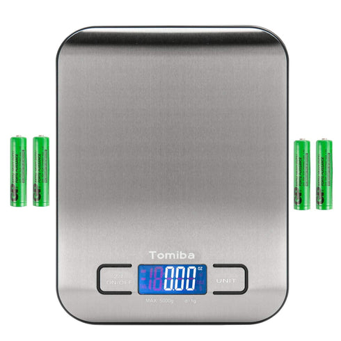 Digital Kitchen Food Scale 11 lb Grams and Ounces Small Stainless Steel Backlit Silver Batteries Included...