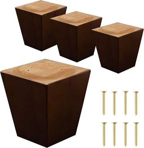 Legs for Furniture, Sofa Ottoman and Chair 4" Wood Feet Replacement, Set of 4 Square Tapered Pyramid Feet (Walnut)...