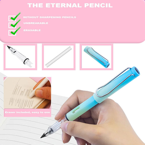 6 PCS Infinity Pencil with Pencil Case and Eraser, Infinity Eternal Pencils, Everlasting Pencils with 6 Replaceable Nibs for Writing Drawing Stude...