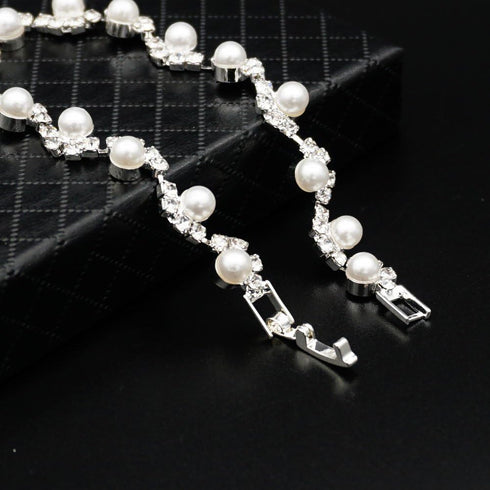 JSEA Womens 4mm Faux Pearl Wave Link Bracelet Silver Tone Rhinestone Bracelets Ladies...