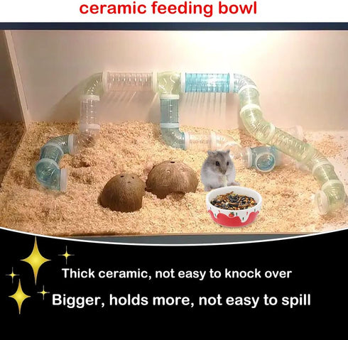 2 Pcs Hamster Ceramic Bowl, Small Animals Anti-Turning Food Water Bowl for Rabbit Hamster Guinea Pig Hedgehog Squirrel (Pink and Red)...