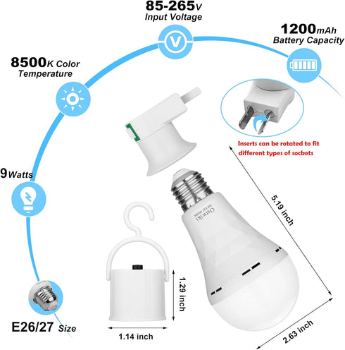 2 Pack Emergency Rechargeable Light Bulbs,Battery Operated Backup Light Bulb 9W E27 8500K 1200mAh White Equivalent Self-charging LED Light Bulbs f...