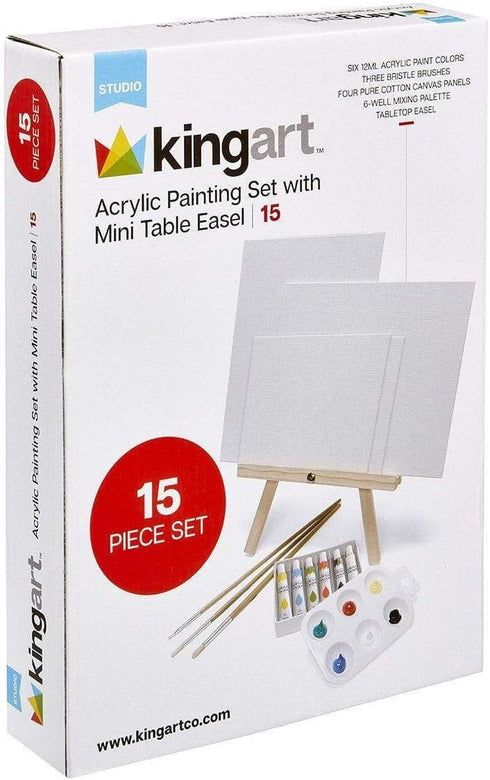 KINGART Artist Painting Set with 6 Vivid Acrylic Paint Colors, 12" Easel, 4 Canvas Panels, 3 Brushes, Painting Palette - School, Students, Beginne...