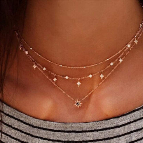 Bohemia Layered Choker Necklace Star Necklace Crystal Choker Diamond Star Charm Pendant Necklace Multi-layered Station Chain for Women...