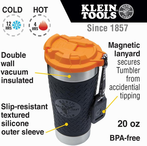 Klein Tools 55580 Stainless Steel Tumbler with Flip-Top Lid, Insulated 20 Oz. Tradesman's Double Wall Vacuum Mug, Slip-resistant Sleeve...