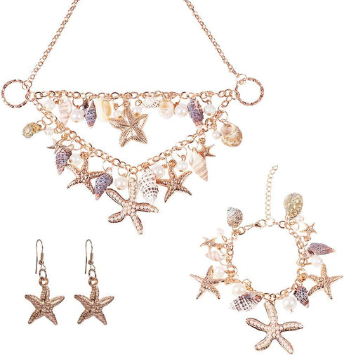 PH PandaHall 3 in 1 Mermaid Jewelry Set Sea Shell Starfish Jewelry Pearl Bib Statement Chunky Mermaid Tail Necklace Bracelets Shell Earrings Summe...