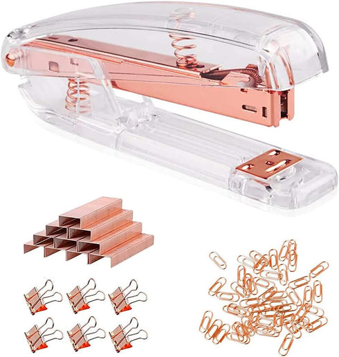 Acrylic Desktop Stapler with 1000 26/6 Staples, 6 Binder Clips & 50 Paper Clips, Desk Accessory Kit for Home Office School (Rose Gold)...