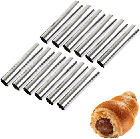 Screw Croissant Molds, VolksRose 12 PCS Non-stick Stainless Steel Waffle Cone Roll Pastry Cream Horn Forms Pancake Making Tool Cannoli Tubes DIY S...