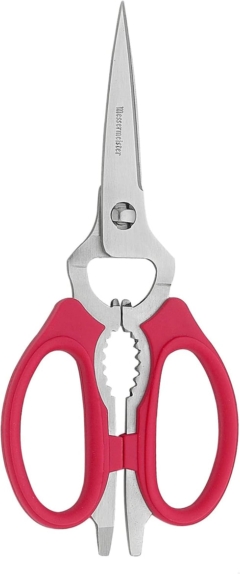 Messermeister 8-Inch Take-Apart Kitchen Scissors, Red - Includes Screwdriver, Nut Cracker, Jar Lid Opener/Gripper, Bottle Opener & Bone + Twig Cut...