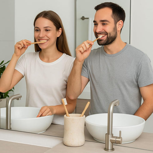 Creative Home Natural Champagne Marble Curvy Collection Tumbler Toothbrush Holder Makeup Brush Holder Bathroom Countertop Organizer, Beige, 3.3 Di...