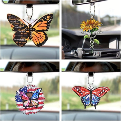 Butterfly Sunflower Letters Cross Car Pendant Car Hanging ornaments Car Mirror Hanging Accessories Christian Cross Rearview Mirror Accessories Car...