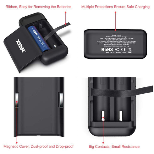XTAR PB2SL 18650 Battery Charger with XTAR QC3.0 18W Wall Charger USB C Port 21700 Battery Charger with USB Output Function for 18650 20700 21700 ...
