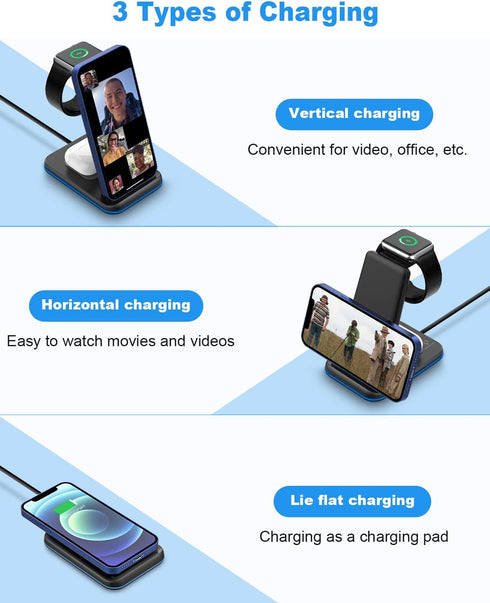 Foldable Wireless Charger for Multiple Devices 3 in 1 Wireless Charging Station for Travel, Compatible with iPhone 16 15 14 13 12 11/Pro/XR, Charg...